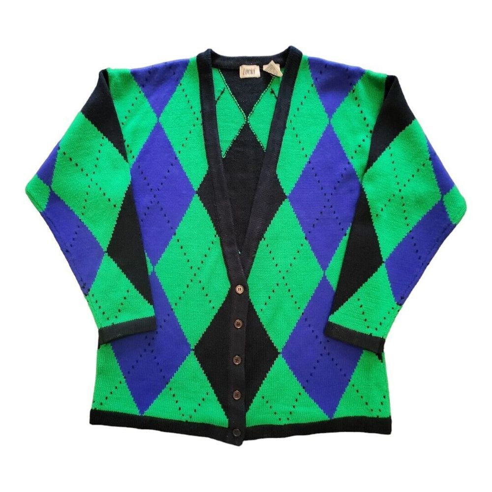 Vtg 80s 90s Women's Cardigan Button Up Lucia Y2K Green Purple Long Sleeve Argyle
